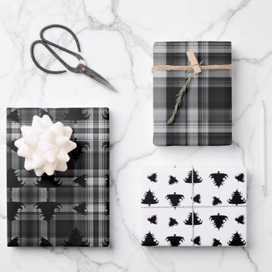 Kerstbomen Zwart Geruit Inpakpapier Vel (Voorkant)