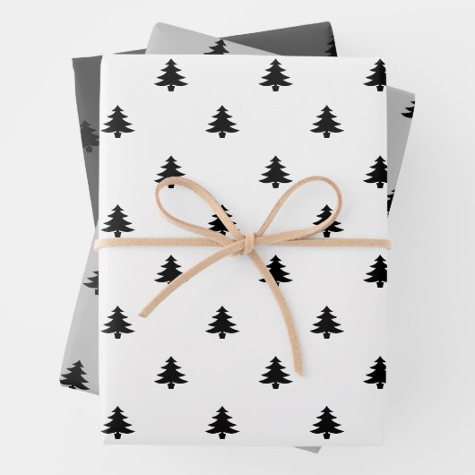 Kerstbomen zwart wit grijs minimalist inpakpapier vel (In situ)
