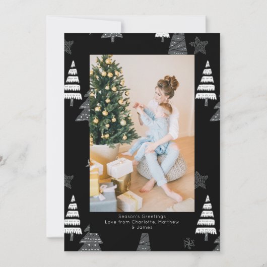 kerstbomen zwart wit patroon, aangepast feestdagenkaart (Voorkant)