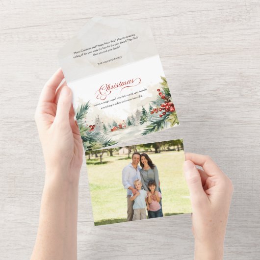 Kerstboodschap Aquarel Winterse Landschap  All In One Uitnodiging (Afscheurbaar)