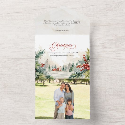 Kerstboodschap Aquarel Winterse Landschap  All In One Uitnodiging (Binnen)