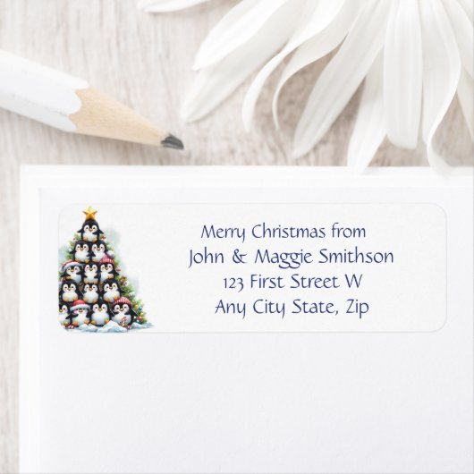 Kerstboodschap Penguin Kerstboom Fun Etiket (Insitu)