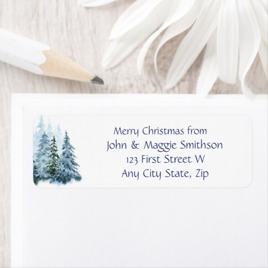 Kerstboodschap Winter Spruce Trees Snow Etiket (Insitu)
