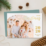 Kerstboog 1 foto modern blauw goud met minimalisti folie feestdagenkaart<br><div class="desc">Elegant en modern kerstwenskaart met een minimalistisch ontwerp waarin uw favoriete familieafbeelding in een trendy boogvormig lijst wordt getoond. Eenvoudig aan te passen met jouw naam en het huidige jaar in stijlvolle gouden folie serif lettertypen.</div>