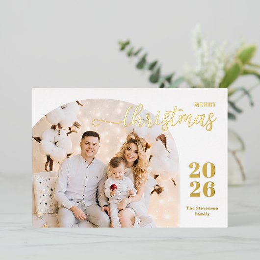 Kerstboog 1 foto modern blauw goud met minimalisti folie feestdagenkaart (Staand Voorkant)