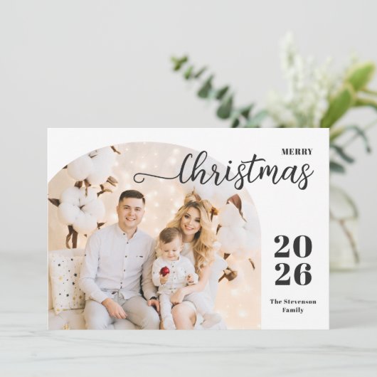 Kerstboog 1 foto van modern, minimalistisch blauw feestdagenkaart (Staand voorkant)