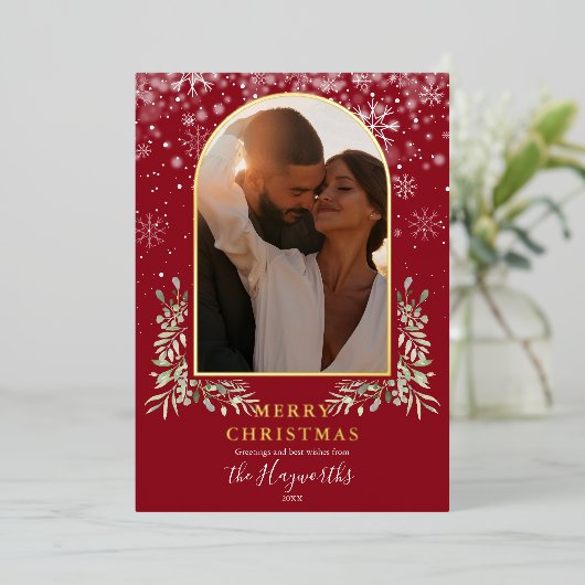 Kerstboog foto Bloemengroen Folie Feestdagenkaart (Staand Voorkant)