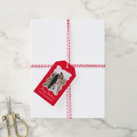 kerstboog | Wavy Rood en Wit Foto Lijst Cadeaulabel (Met Touw)