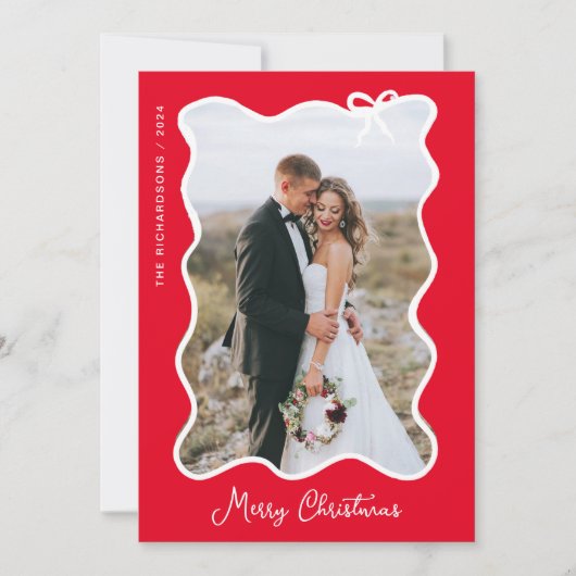 kerstboog | Wavy Rood en Wit Foto Lijst Feestdagenkaart (Voorkant)