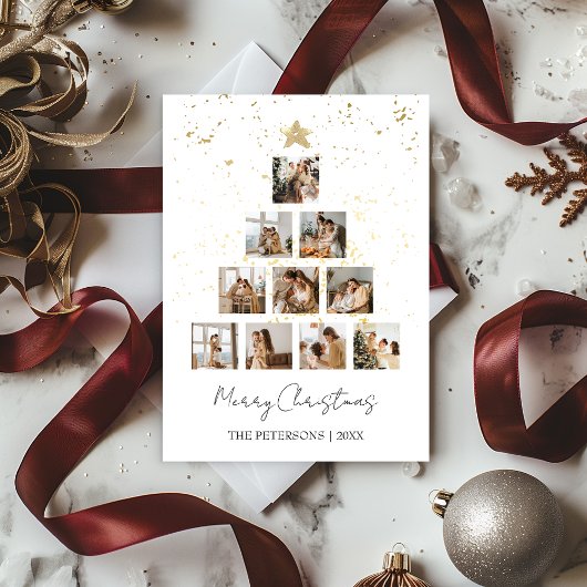 Kerstboom 10 Foto Collage Gold Minimalist Feestdagenkaart