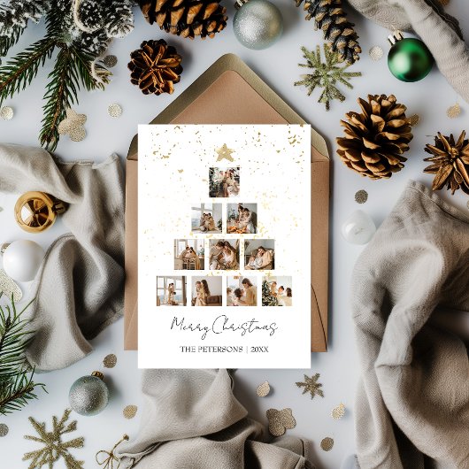 Kerstboom 10 Foto Collage Gold Minimalist Feestdagenkaart