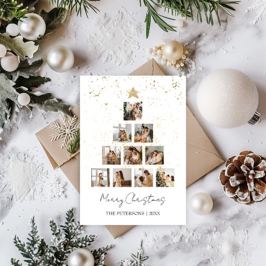 Kerstboom 10 Foto Collage Gold Minimalist Feestdagenkaart