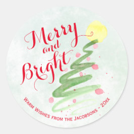 Kerstboom Abstract Waterverf Merry & Bright Ronde Sticker