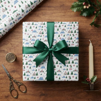 Kerstboom Alpen Chalets Nordic Berg Thema Cadeaupapier