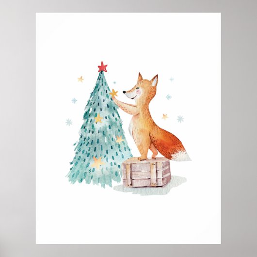 Kerstboom Aquarel en Cute Vos Poster (Voorkant)