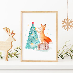 Kerstboom Aquarel en Mooie Vos Poster