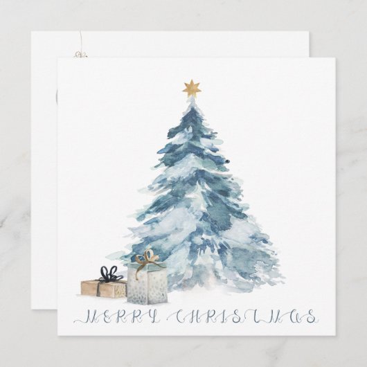 Kerstboom aquarel gouden ster vintage kaart (Voorkant / Achterkant)