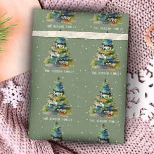 Kerstboom Aquarel Merry Jolly Gelukkig  Cadeaupapier