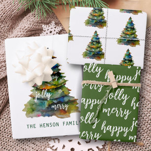 Kerstboom Aquarel Merry Jolly Happy Script Inpakpapier Vel