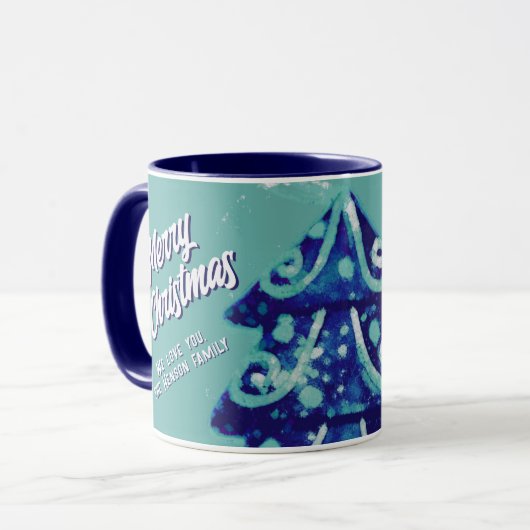 Kerstboom Artistic Blue Merry Script Family Mok (Voorkant links)