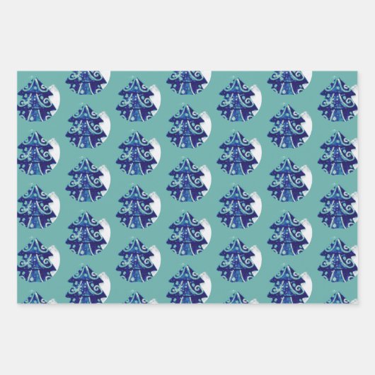 Kerstboom, artistiek blauw Merry Script Inpakpapier Vel (Voorkant 2)
