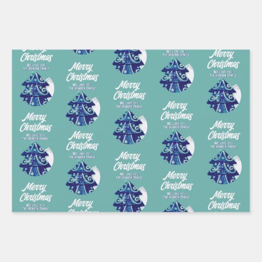 Kerstboom, artistiek blauw Merry Script Inpakpapier Vel (Voorkant)