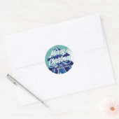 Kerstboom, artistiek blauw Merry Script Ronde Sticker (Envelop)