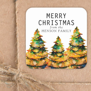 Kerstboom Artistieke Waterverf Vierkante Sticker