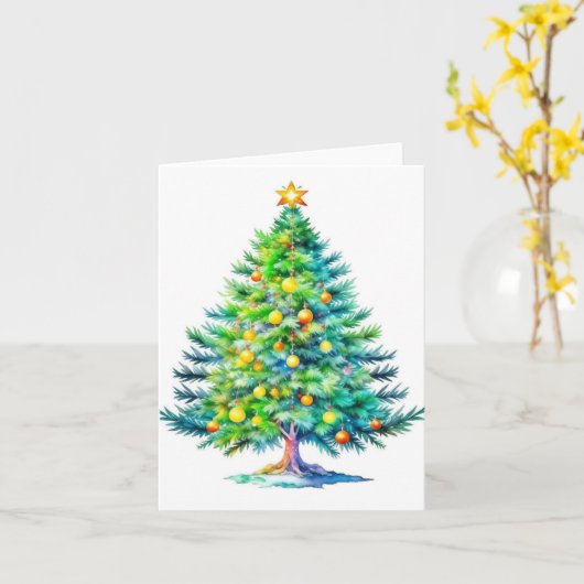 Kerstboom B - Waterverven & Pen Kaart (Gele Bloem)