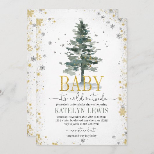 Kerstboom Baby shower Uitnodiging Silver Gold (Voorkant / Achterkant)