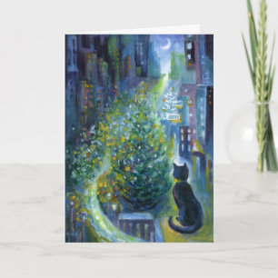 Kerstboom Balkon Uitzicht Cat Feestdagen Kaart