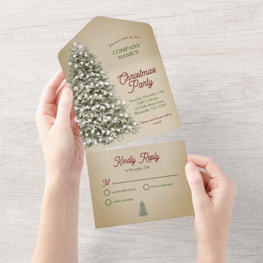 Kerstboom bedrijf vakantie feest Kraft Brown All In One Uitnodiging (Afscheurbaar)