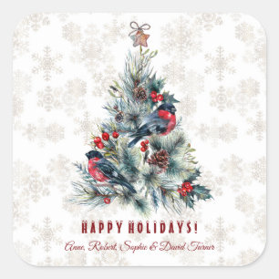 Kerstboom Bessen Kerstgroeten Monogram Vierkante Sticker
