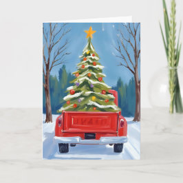 Kerstboom Bezorging Rode Truck Waterverf Feestdagen Kaart