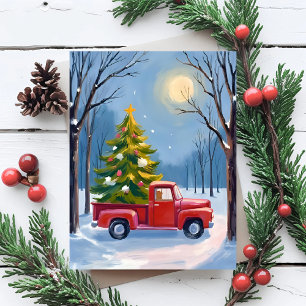 Kerstboom Bezorging Rode Vrachtwagen Watercolor Feestdagenkaart