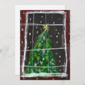 Kerstboom bij het raam 's nachts sneeuwlichten feestdagenkaart (Voorkant / Achterkant)