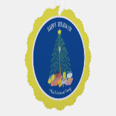 Kerstboom Blauw & Geel Papier Ornament Kaart (Rechts)