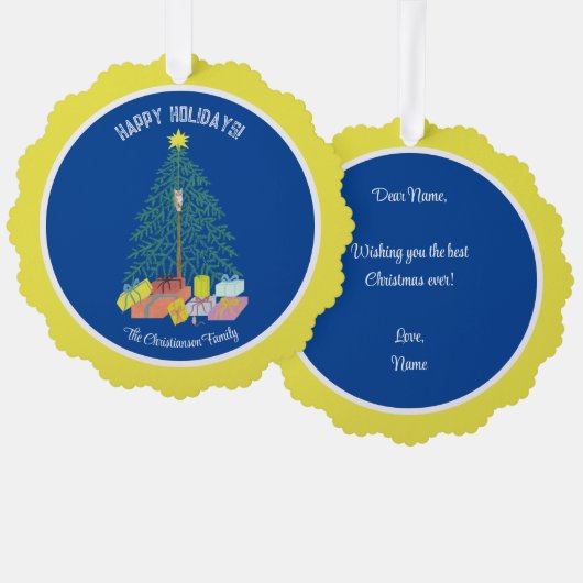 Kerstboom Blauw & Geel Papier Ornament Kaart (Voorkant / Achterkant)