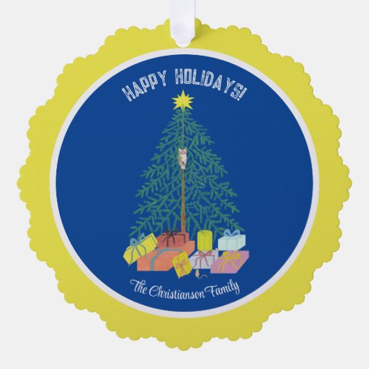 Kerstboom Blauw & Geel Papier Ornament Kaart (Voorkant)