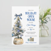 Kerstboom Blauwe Kerstversieringen Uitnodiging (Staand voorkant)