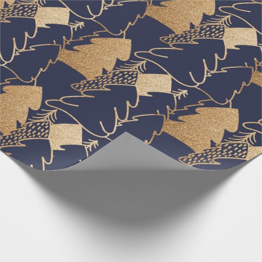 Kerstboom Blauwe marine Fancy Glitter Wood Cadeaupapier (Hoek)