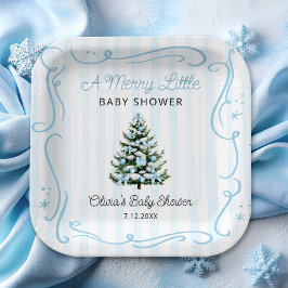 Kerstboom Blauwe Winter Baby Shower Papieren Bordje