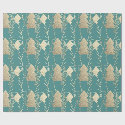 Kerstboom Blauwgroen Mint Gold Fancy Glitter Wood Cadeaupapier (Vlak)