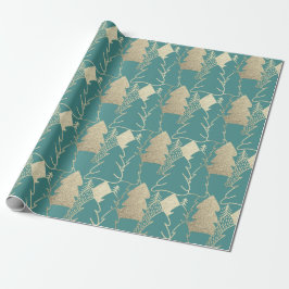 Kerstboom Blauwgroen Mint Gold Fancy Glitter Wood Cadeaupapier