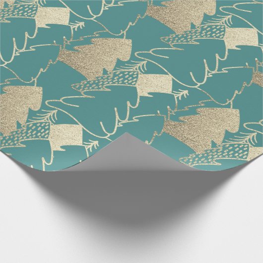 Kerstboom Blauwgroen Mint Gold Fancy Glitter Wood Cadeaupapier (Hoek)