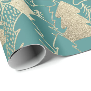Kerstboom Blauwgroen Mint Gold Fancy Glitter Wood Cadeaupapier