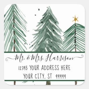 Kerstboom Boerderij Modern Star Waterverf Adres Vierkante Sticker