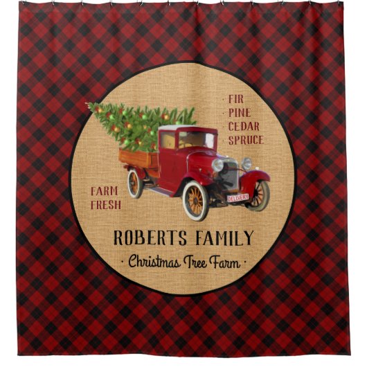 Kerstboom Boerderij Truck Red Pset Rustige Douchegordijn (Voorkant)