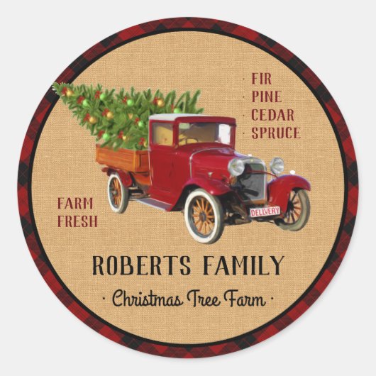 Kerstboom Boerderij Truck Red Pset Rustige Ronde Sticker (Voorkant)