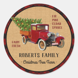 Kerstboom Boerderij  Truck Red Pset Rustige Ronde Sticker
